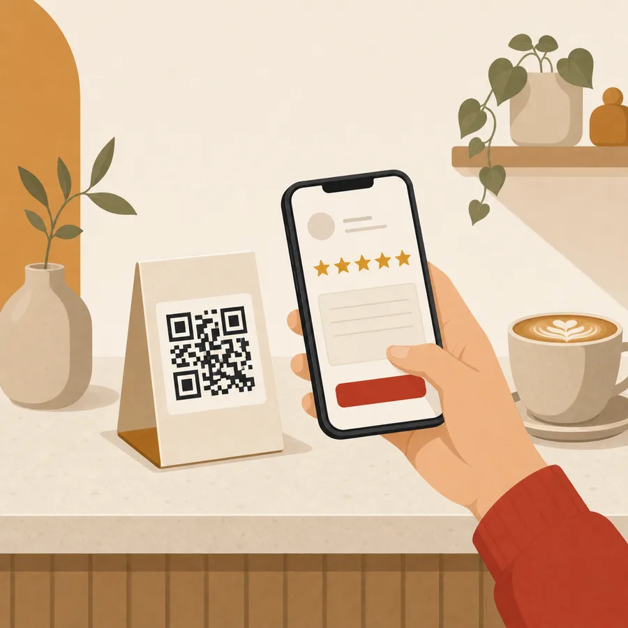Khách cầm điện thoại quét mã QR trên standee đặt ở quầy, màn hình hiện form đánh giá năm sao