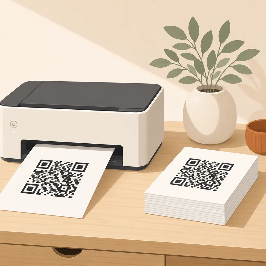 Máy in để bàn đang nhả ra tờ giấy trắng có mã QR, bên cạnh là chồng giấy đã in xong