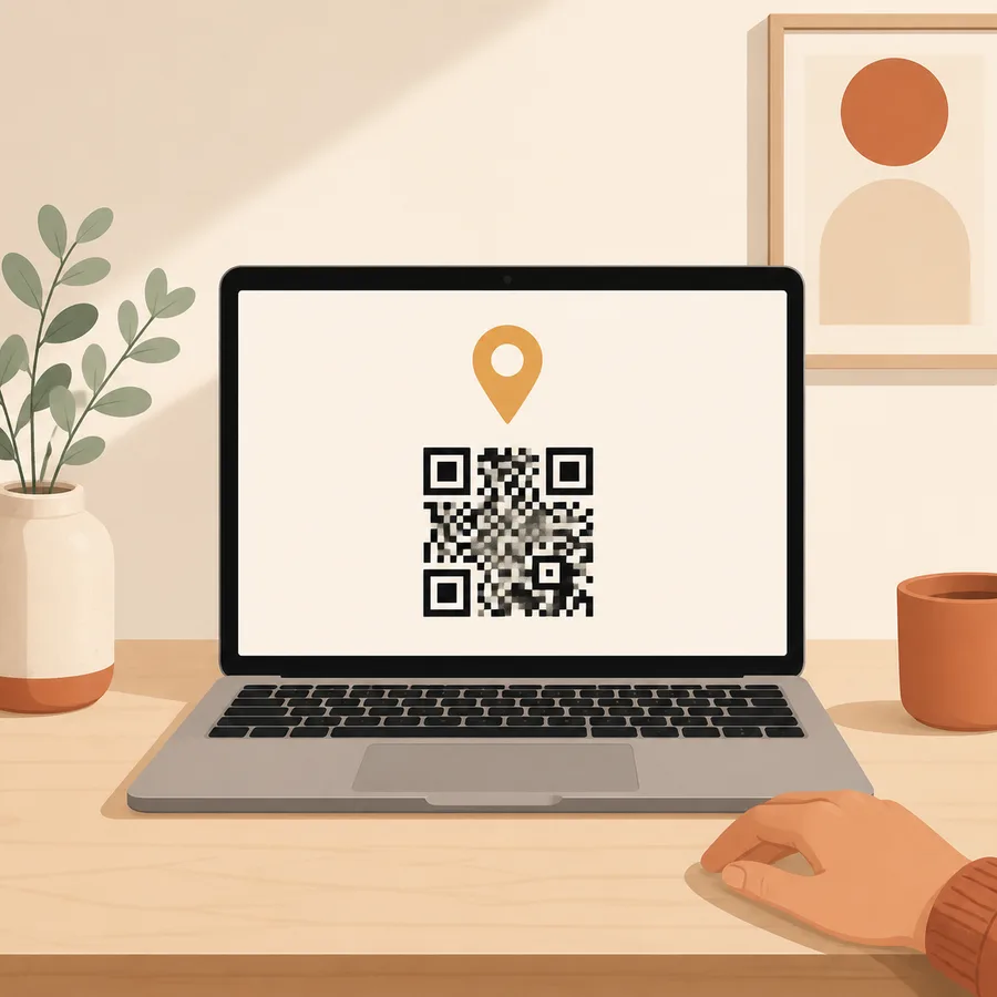 Máy tính xách tay trên bàn gỗ, màn hình hiện ô dán link kèm ghim bản đồ và mã QR vừa tạo xong