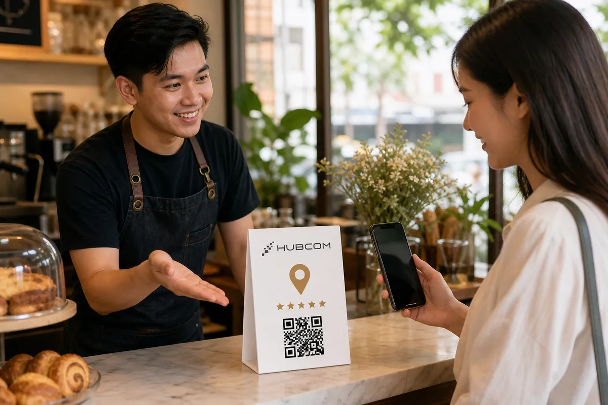 Nhân viên pha chế trong tạp dề sẫm màu đứng sau quầy, mỉm cười và ngửa tay chỉ về phía standee đặt trên quầy, khách nữ đối diện cầm điện thoại hướng về standee